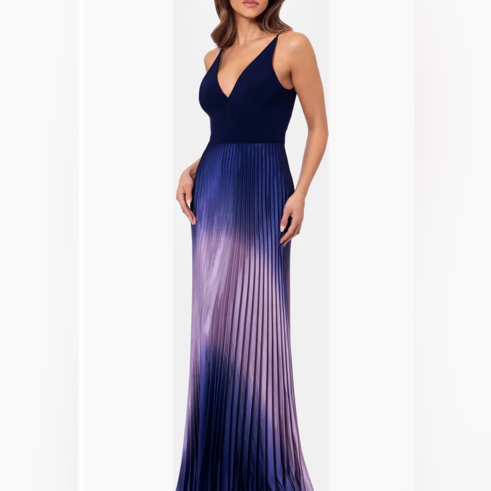 Betsy & Adam Womens Navy Satin Ombre Pleated Evening Dress Gown NWT